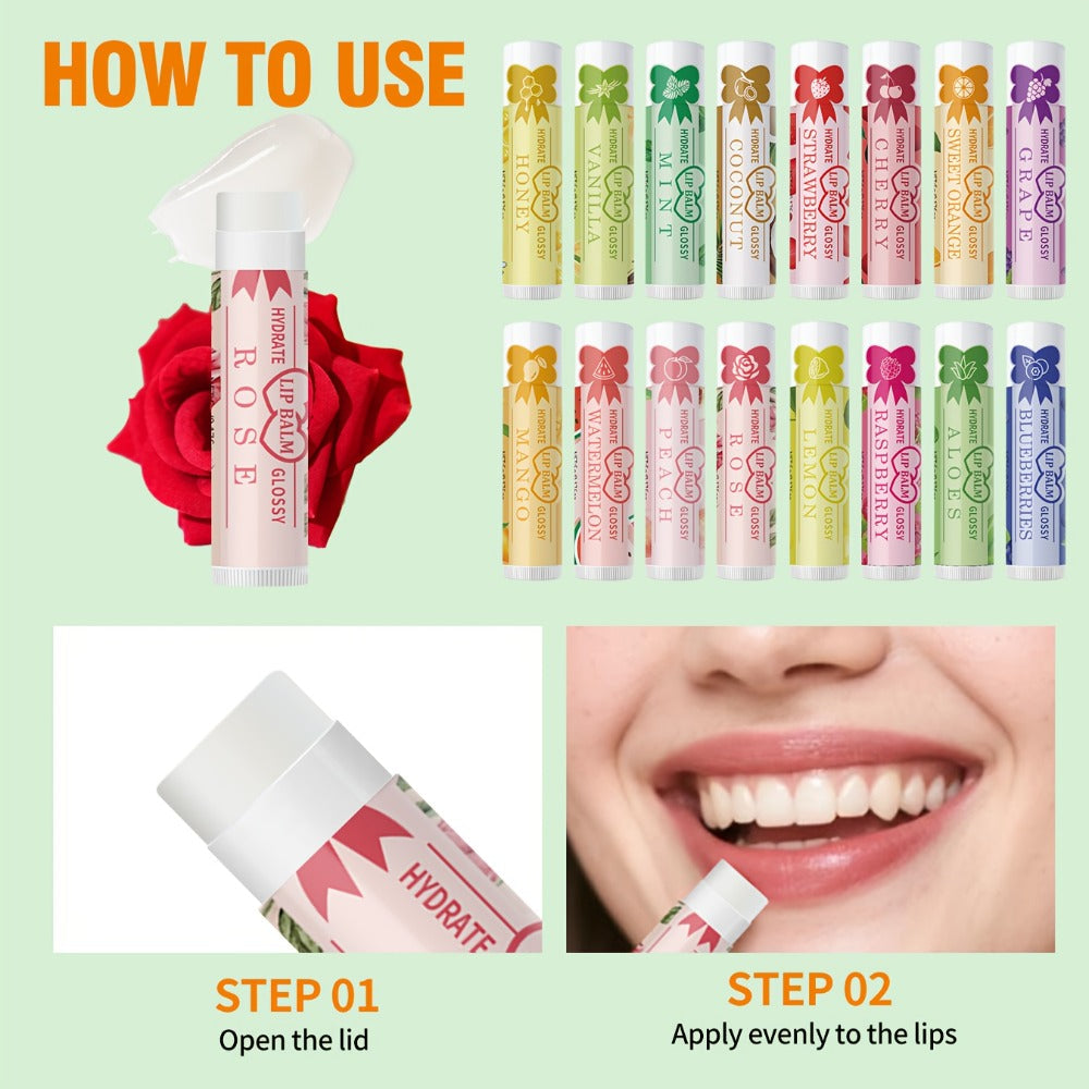 Lip Balm 16-Piece Assorted Flavor Set with Glossy Twist-Up Tubes and Orange Display Box Packaging
