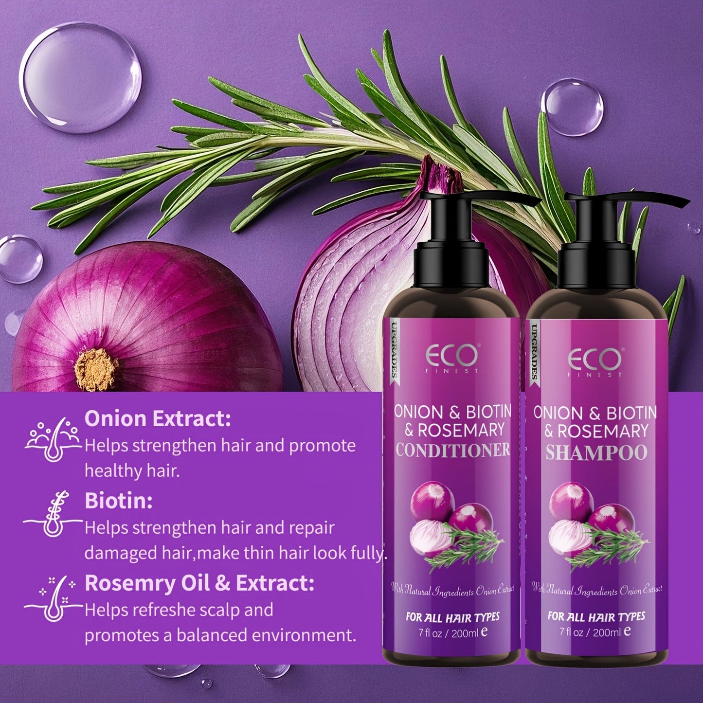 Two-Pack 6.76 oz Shampoo and Conditioner Set with Biotin, Rosemary, Onion Extract and Jojoba Oil
