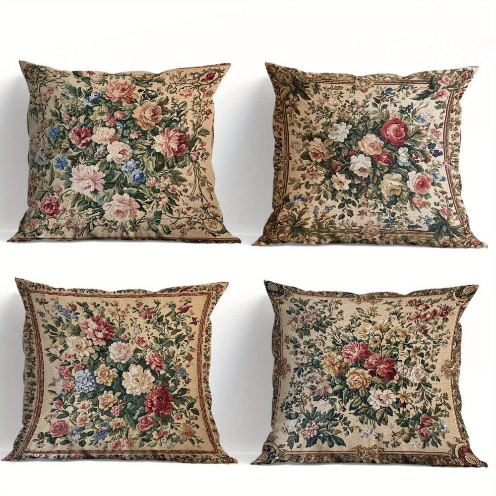 Vintage Floral Pillow Cover Set of Four with Zipper Openings, Single-Sided Print and Exact 18-Inch Size