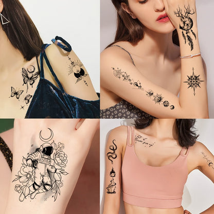 Floral Temporary Tattoos for Women 44-Pack | Realistic Butterfly Snake Half Arm Body Art Stickers | Large & Small Sheets Waterproof Long-Lasting Fake Tattoo | Black Flower Design Set for Adults Teens