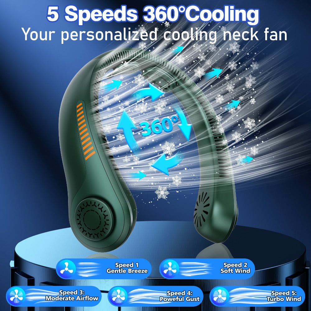 Loop-Style Neck Fan in Ten Single or Paired Color Checkouts with Five-Speed Control and USB Charging