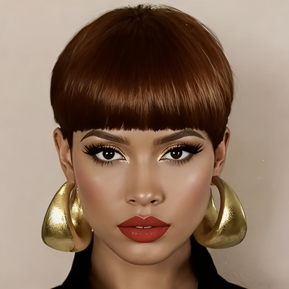 6-Inch Pixie Cut Human Hair Wig with Full Bangs, 180% Density and Black or Burgundy Color Selections