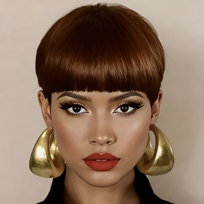 6-Inch Pixie Cut Human Hair Wig with Full Bangs, 180% Density and Black or Burgundy Color Selections