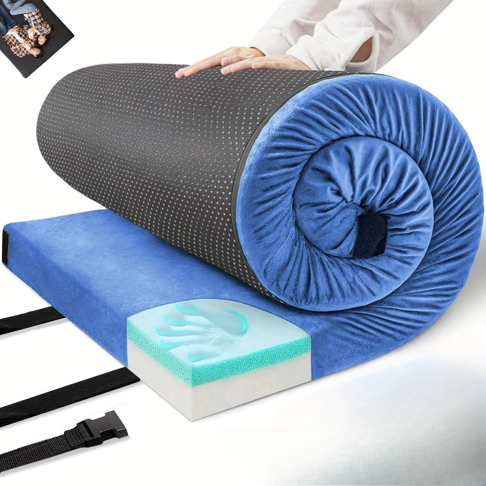 Memory Foam Camping Mattress Pad – Roll-Up Portable Sleeping Mat 72"x24" for SUV Car Camping, Tent Floor, RV & Guest Bed | Grey & Blue