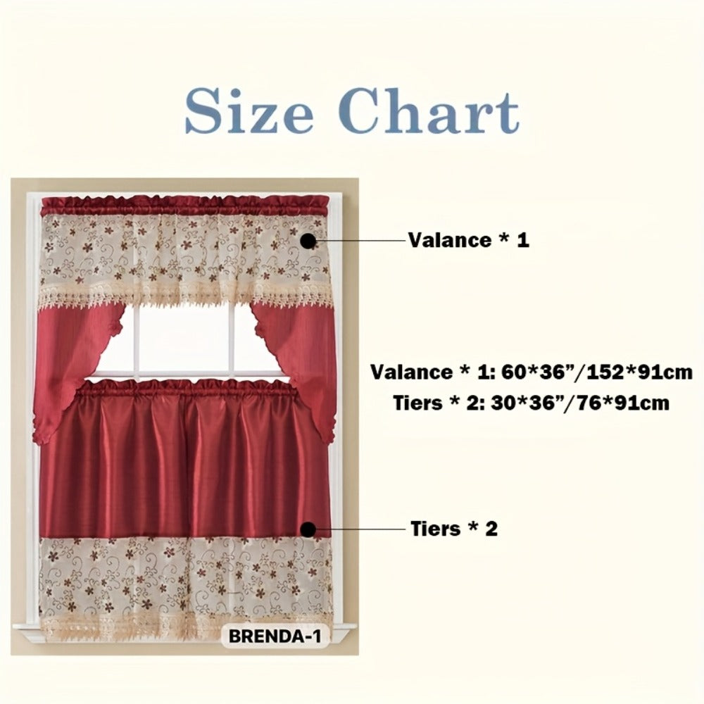 Three-Piece Patterned Kitchen Curtain Set with One Valance, Two Tiers and Forty-Six Exact Design Options