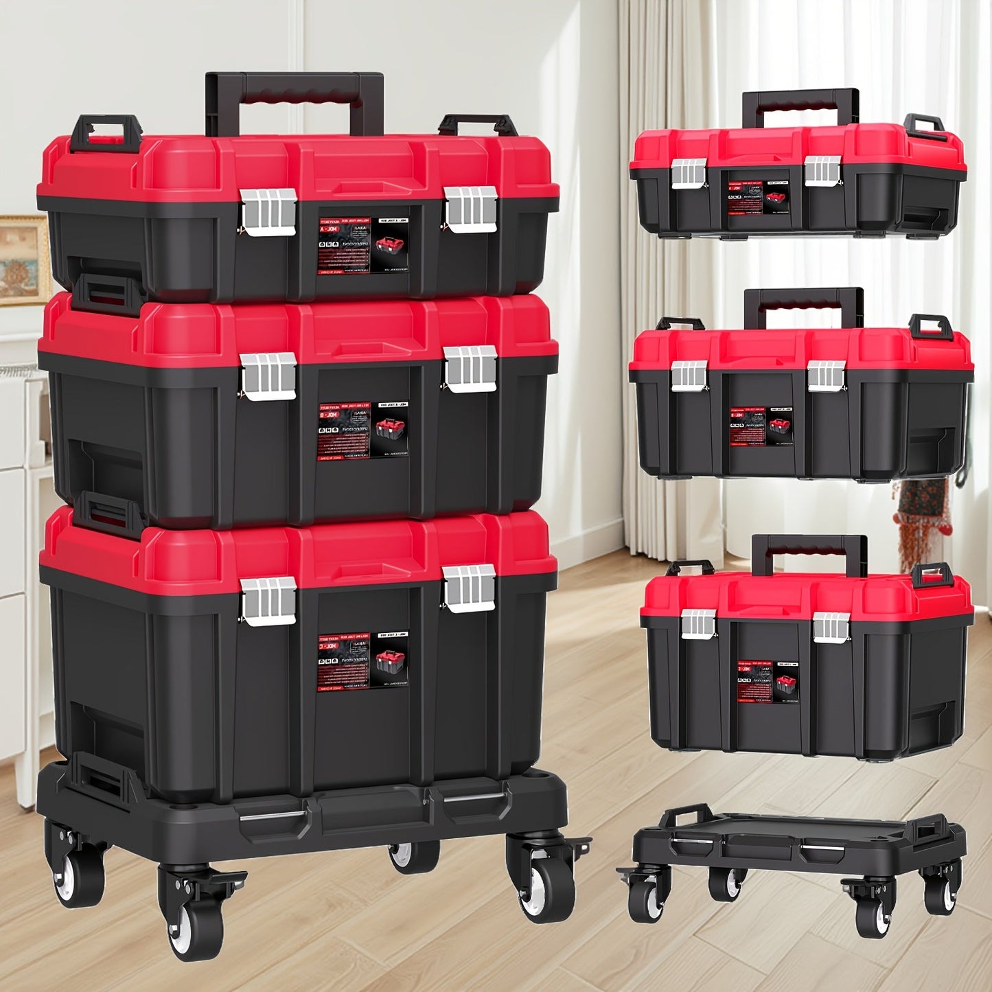 Rolling Tool Box with Wheels 3-Tier Stackable Organizer | Lockable Compartments, Connected Storage, 17" Large Plastic Toolbox for Garage, Home & Professional Work