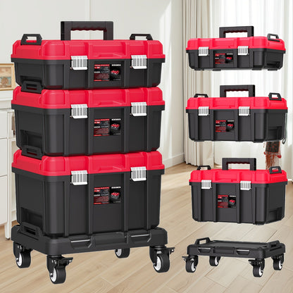 Rolling Tool Box with Wheels 3-Tier Stackable Organizer | Lockable Compartments, Connected Storage, 17" Large Plastic Toolbox for Garage, Home & Professional Work