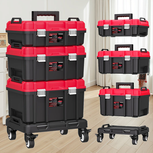Rolling Tool Box with Wheels 3-Tier Stackable Organizer | Lockable Compartments, Connected Storage, 17" Large Plastic Toolbox for Garage, Home & Professional Work