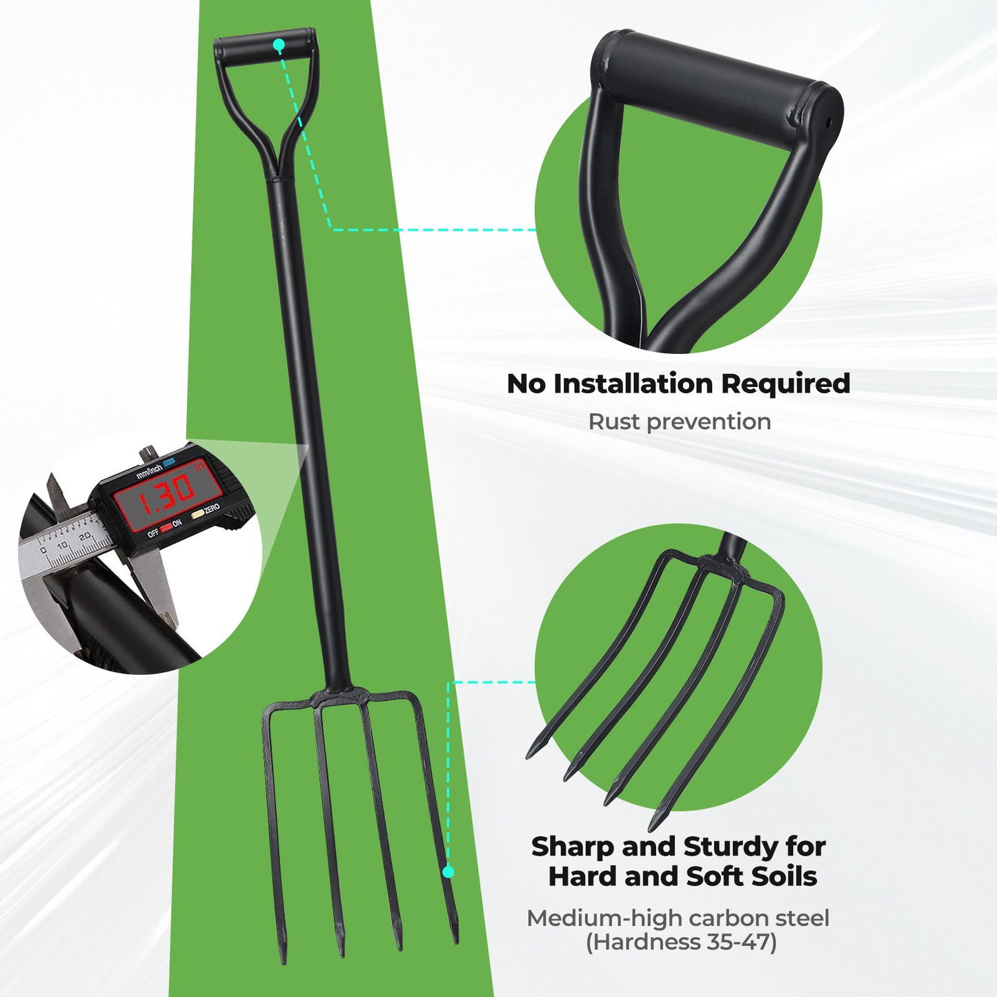 Four-Tine Garden Spading Fork with 42-Inch Shaft, D-Shaped Grip and Black Metal Construction