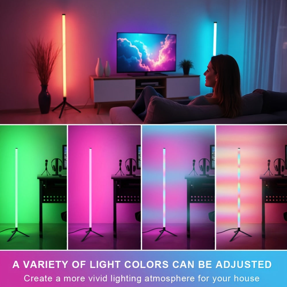 Three-Section Modular RGB Corner Floor Lamp with Triangular Metal Base, App, Remote, Music Sync and Timer Modes