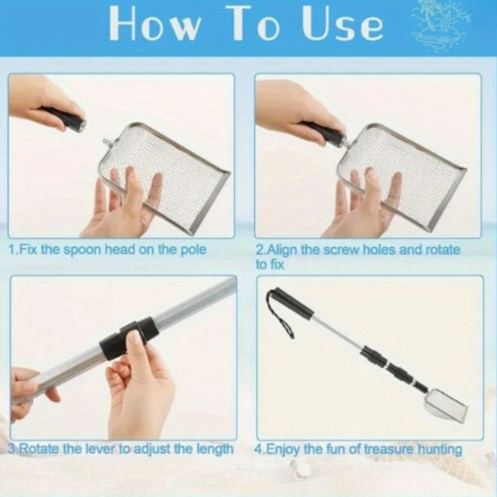 Three-Section Telescopic Beach Sand Sifter with Rectangular Mesh Basket, Wrist Strap and Retractable Handle