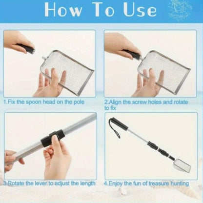 Three-Section Telescopic Beach Sand Sifter with Rectangular Mesh Basket, Wrist Strap and Retractable Handle