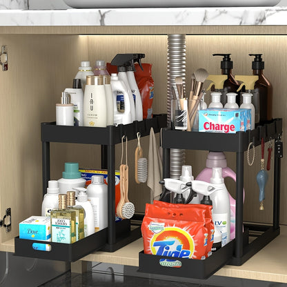 Under Sink Storage Organizer Set of 2 with Dual-Tier Sliding Baskets and 8 Hooks in Three Colors