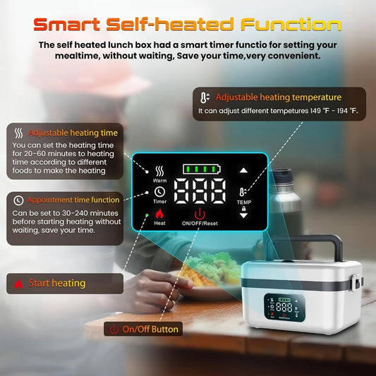 Heated Lunch Box, 8000mAh Battery-Powered 60W 1L Food Warmer with Timer and Power Bank Function