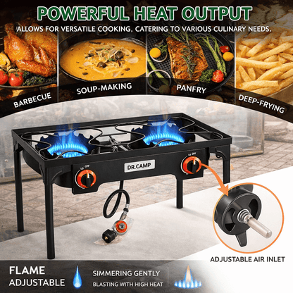 Propane Camping Stove Cast Iron 1, 2 or 3 Burner with Detachable Legs, 20 PSI High-Pressure Regulator, Heavy-Duty Outdoor Gas Cooker for Camping BBQ Survival Tactical Cooking Patio