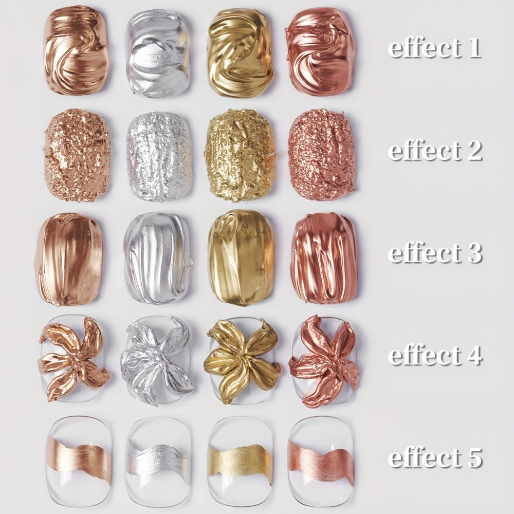 Metallic Smudge Nail Art Gel Four-Bottle Set in Gold, Silver and Rose Tones with Narrow Cap Brushes