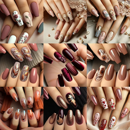Press On Nails 216-Piece Middle Ballet Nine-Pack Mixed Flower Maple Glossy Set with Jelly Adhesive and File