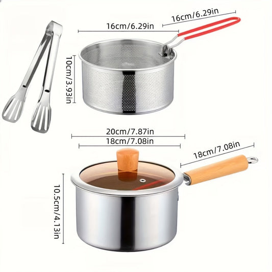 Cookware Set, Four-Piece Stainless Steel Fryer Pot with 7.87-Inch Glass Lid, Basket Rack, Tongs and Wood-Look Handle