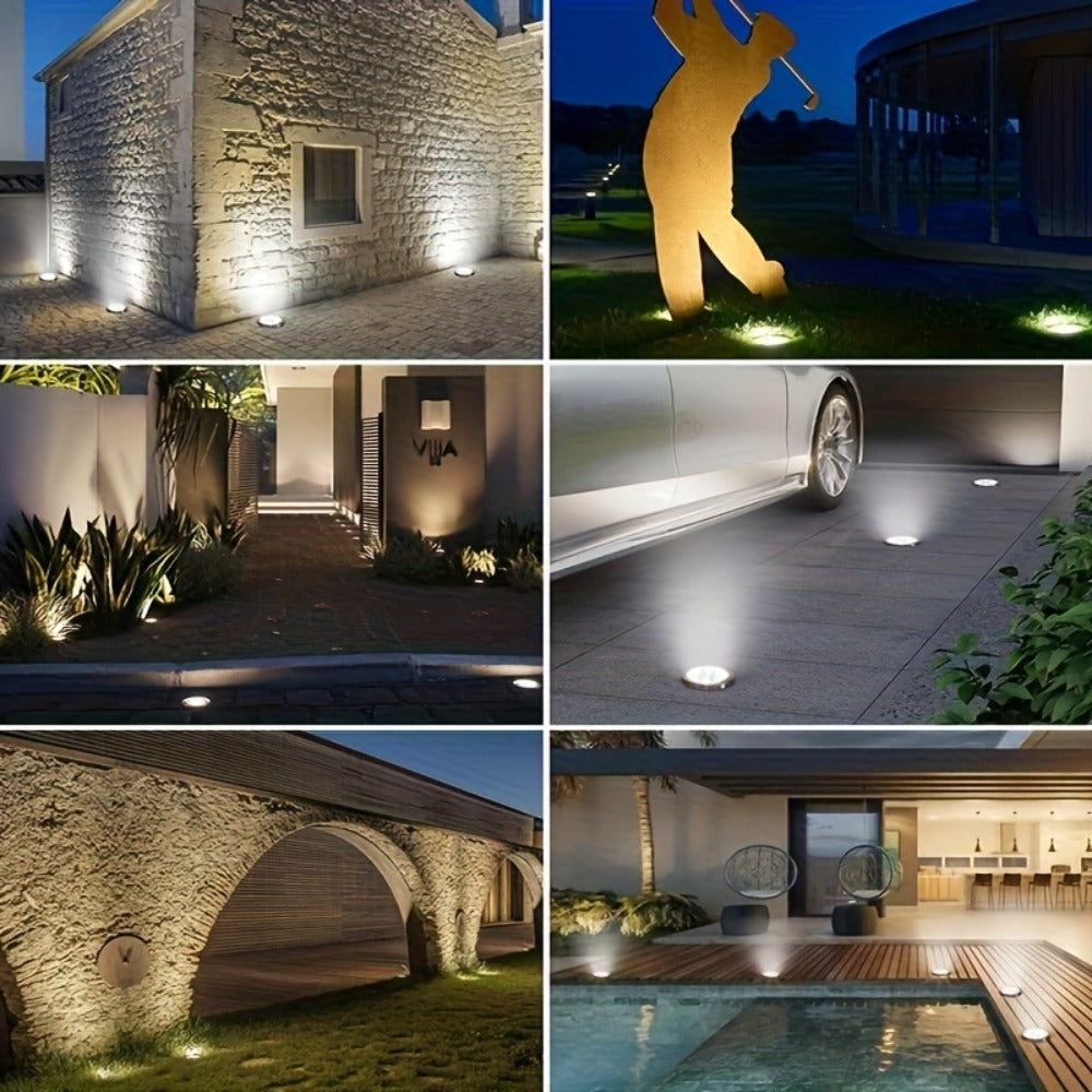 Solar Garden Light Ground Discs 8-Pack with 8 LEDs Each, Touch Dimming and Warm or Cool White Options
