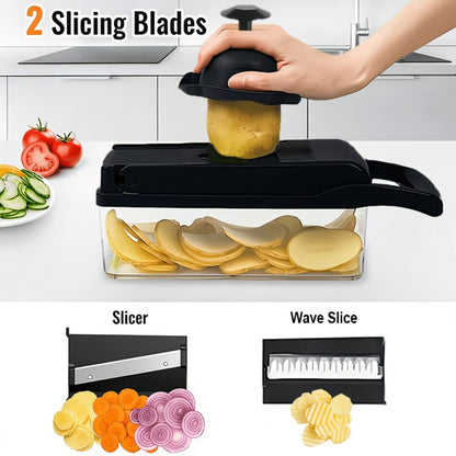18-in-1 Vegetable Chopper and Mandoline Slicer with Clear Container, Eight Metal Blade Inserts and Hand Guard