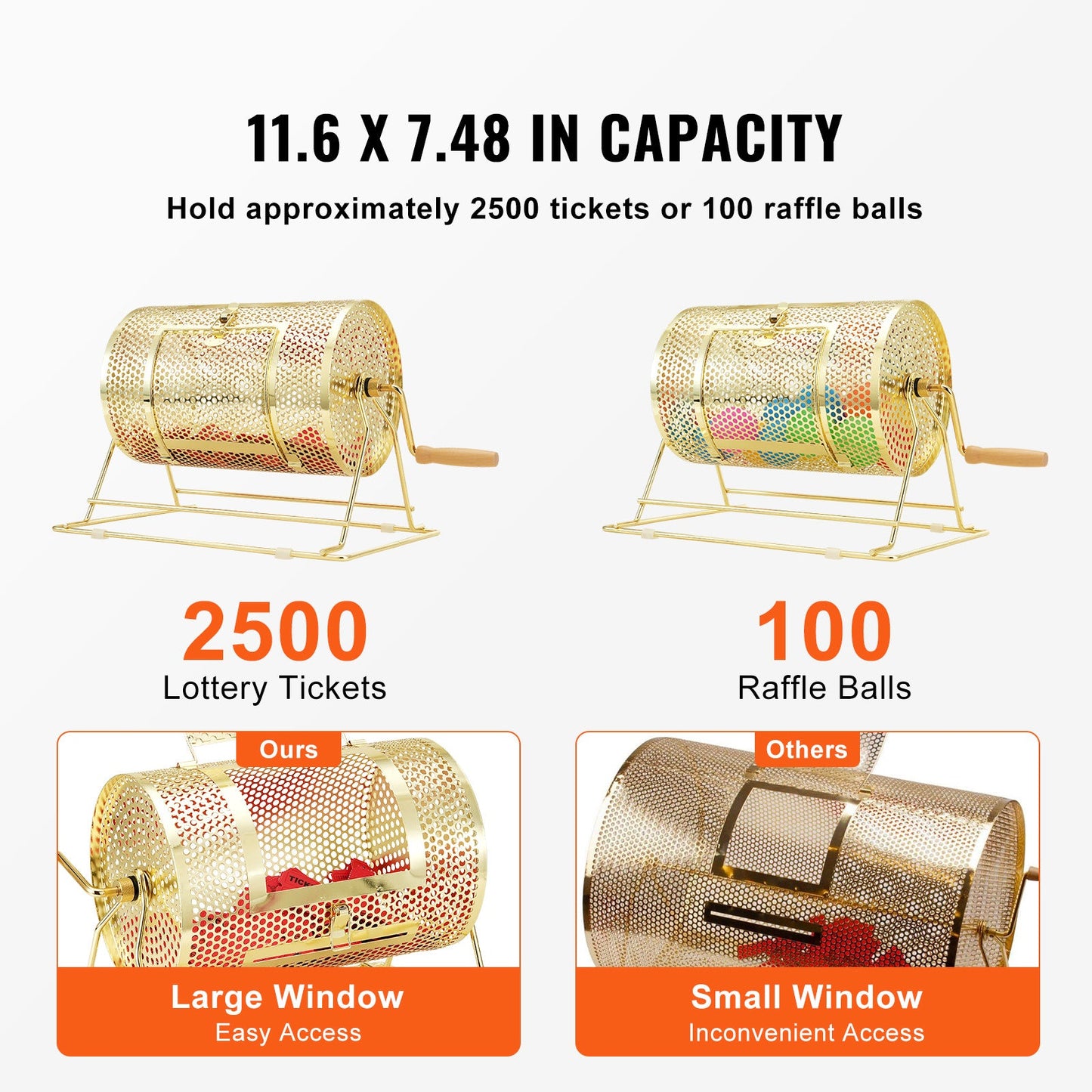 Gold-Tone Raffle Drum with Crank Handle, Perforated Rotating Cage, Base Stand and Ticket Accessories