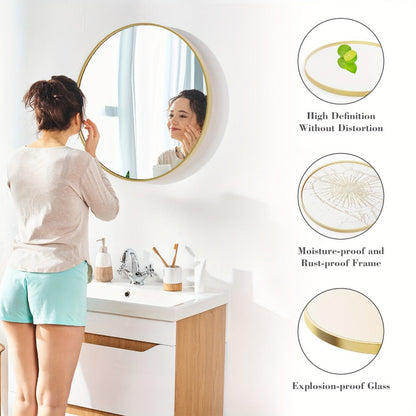 Round Wall Mirror Aluminum Alloy Frame – Modern Circle Mirror for Bedroom, Bathroom & Living Room, Tempered Glass, Black & Gold, 20in 28in 30in 36in