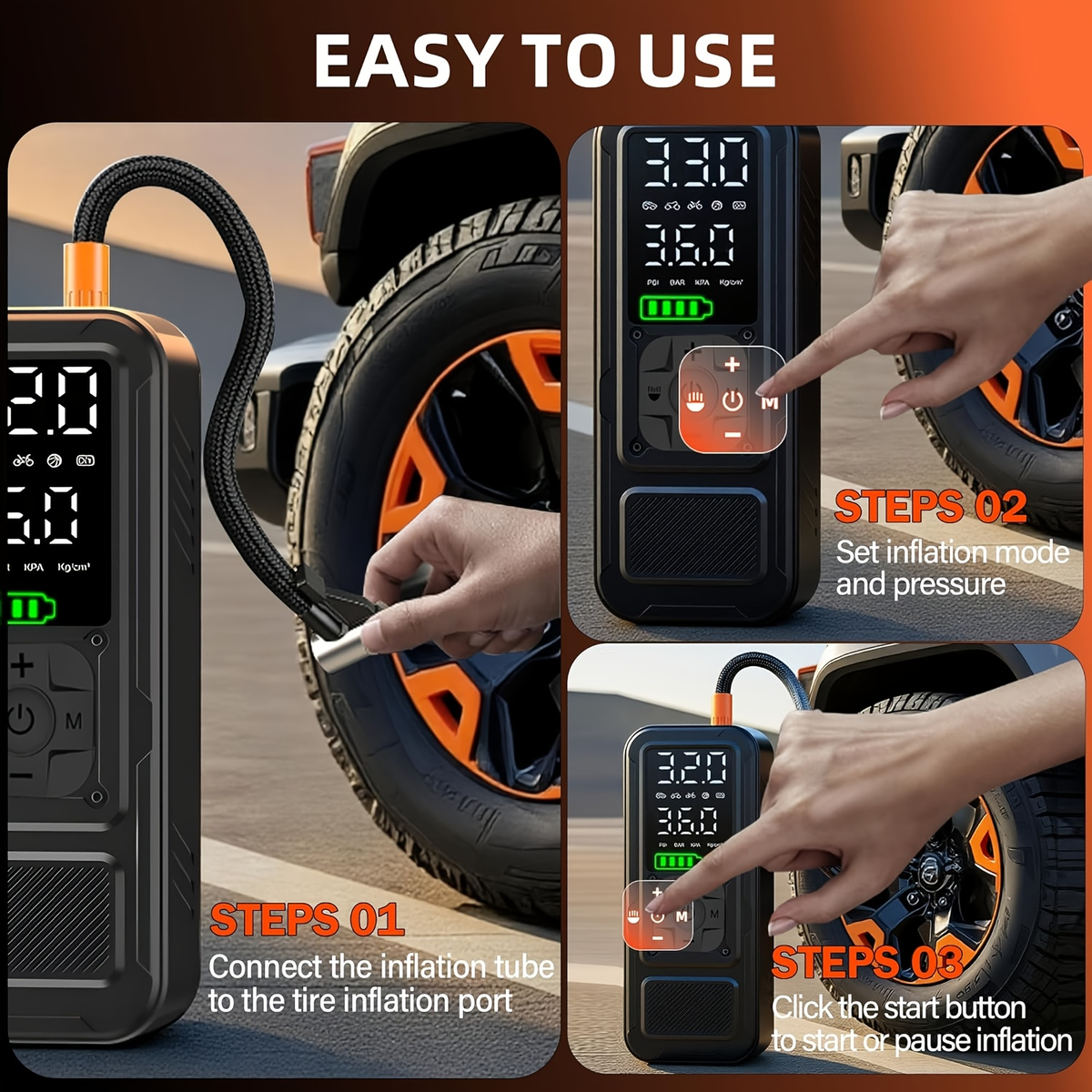 160 PSI Cordless Tire Inflator with 6000mAh Battery, Digital Pressure Display, LED Light and Nozzle Set
