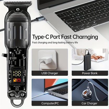Professional Hair Cutting Kit for Men - Transparent USB Rechargeable Hair Clipper with LCD Display, T-Blade Trimmer, Electric Shaver, 4 Guide Combs & Cleaning Brush - Home Barber Grooming Gift Set