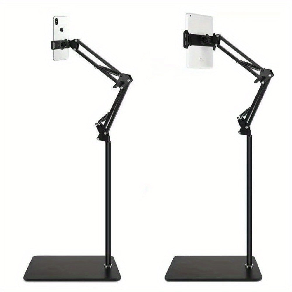 Floor-Standing Phone and Tablet Holder with Articulating Arm, Rotating Clamp and Exact 68.9-Inch Option