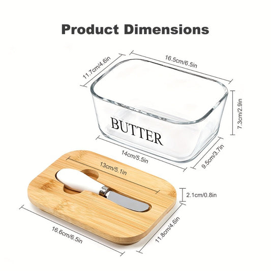 Glass Butter Dish with Lid and Knife – 1lb Large Airtight Butter Keeper Clear Glass Countertop Butter Container for Refrigerator Door Shelf Kitchen Decor & Gift