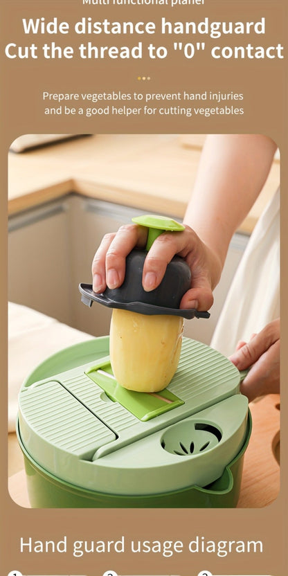 16-in-1 Green Vegetable Chopper with Round Container, Grid Dicing Plates, Slicer, Grater and Peeler Pieces