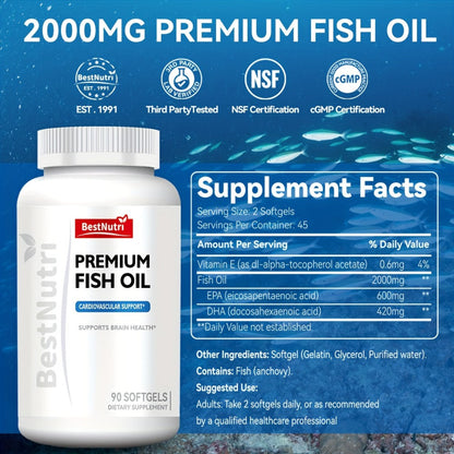 Omega-3 Fish Oil 2000mg Softgels with EPA & DHA — Cold-Extracted CGMP Certified | Brain Vitality Heart Health Anti-Inflammatory Support | For Adults & Young Adults | 60 or 90 Softgels