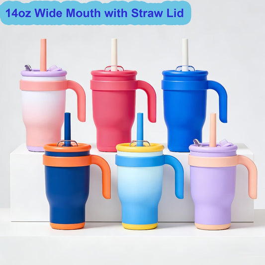 Insulated Tumbler 14oz Stainless Steel with Handle, Straw, Two-Way Lid and Ten Color Options