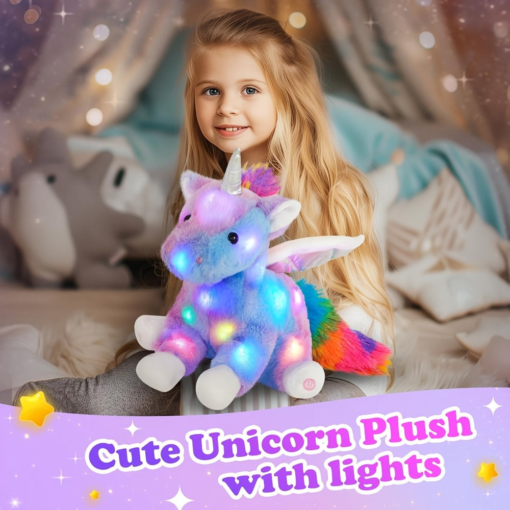 Plush Toy Rainbow Unicorn with LED Glow and Choice of Music or No-Music Light-Up choices for Bedtime