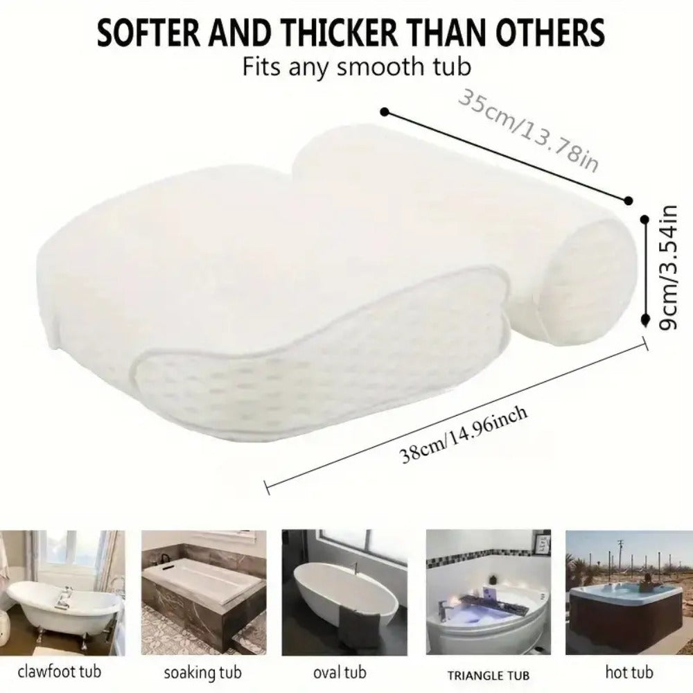 Two-Piece Bathtub Neck and Back Cushion with Six Suction Cups, Hanging Hook and White Mesh Cover