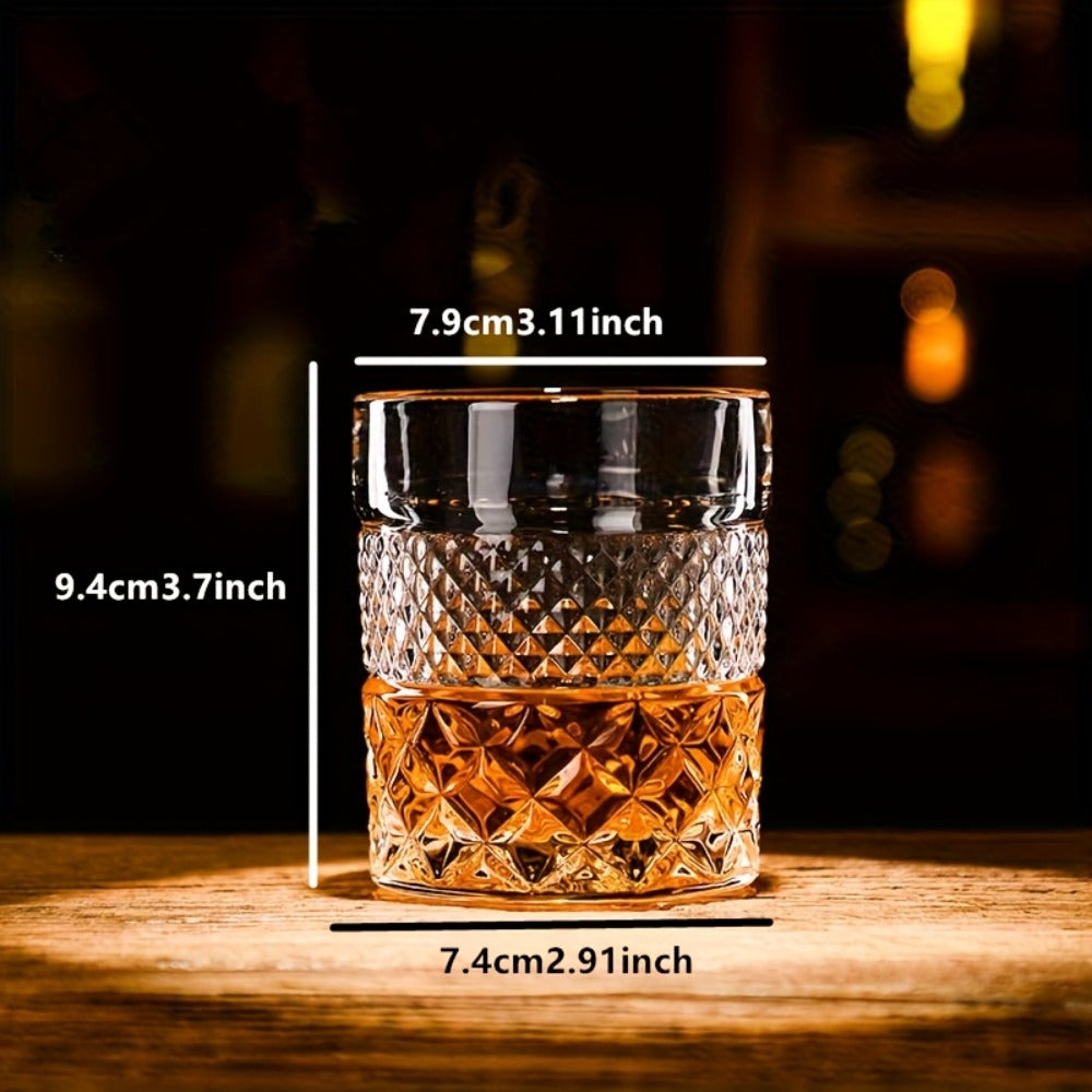 Single Embossed Whiskey Tumbler with Square Rim, Diamond-Cut Pattern and Thick Clear Base for Home Bar Service
