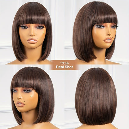 10-Inch Yaki Straight Synthetic Bob Wig with Bangs, M4/30 Brown Highlights and Adjustable Rose-Net Cap