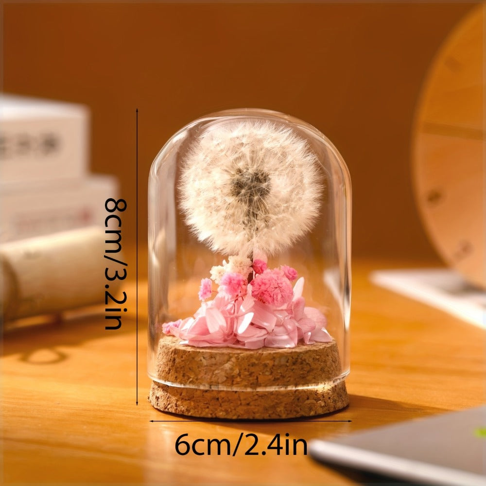 Glass Dome Preserved Dandelion Flower Arrangement - Eternal Floral Keepsake Display Case for Home Office Desk Decor, No Electricity Needed