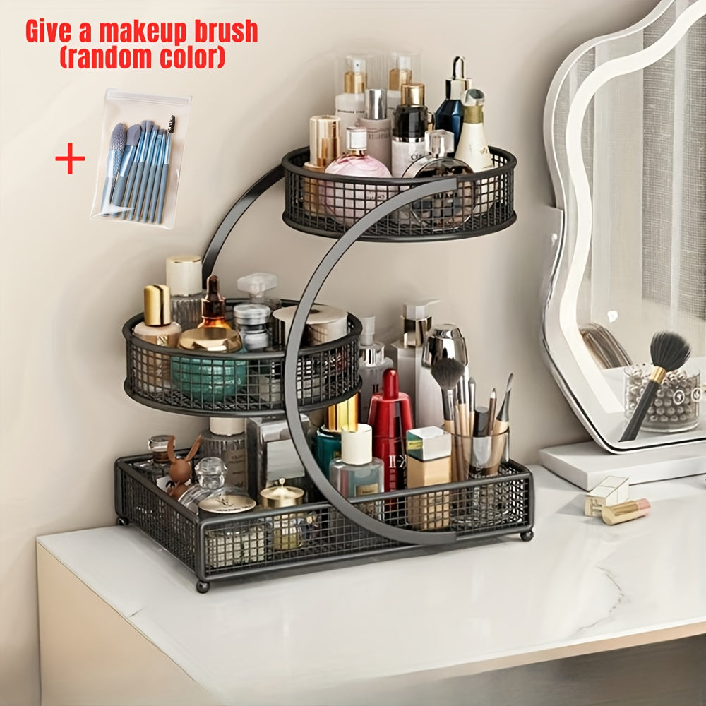 Metal Cosmetic Storage Rack with Makeup Brushes and Black or White Tissue Holder Configurations