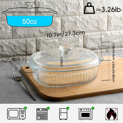 Glass Casserole Dish with Lid, Oval Ribbed Roasting Pan, Oven & Covered Baking Dish for Entryways, Bedrooms and Living Spaces