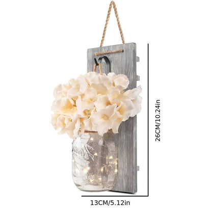 Mason Jar Wall Sconces Set of 2 - Rustic Farmhouse Wall Decor with Ivory Hydrangea Flowers, Warm White Light Fixture for Living Room Bedroom Kitchen Bathroom