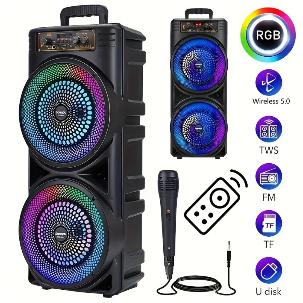 Dual 8.5-Inch Portable Party Speaker with RGB Lights, Bluetooth, TWS, FM, USB and Built-In Microphone