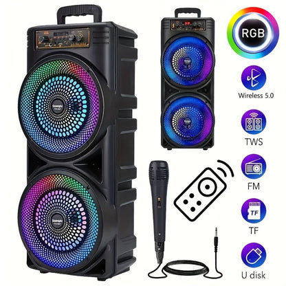 Dual 8.5-Inch Portable Party Speaker with RGB Lights, Bluetooth, TWS, FM, USB and Built-In Microphone