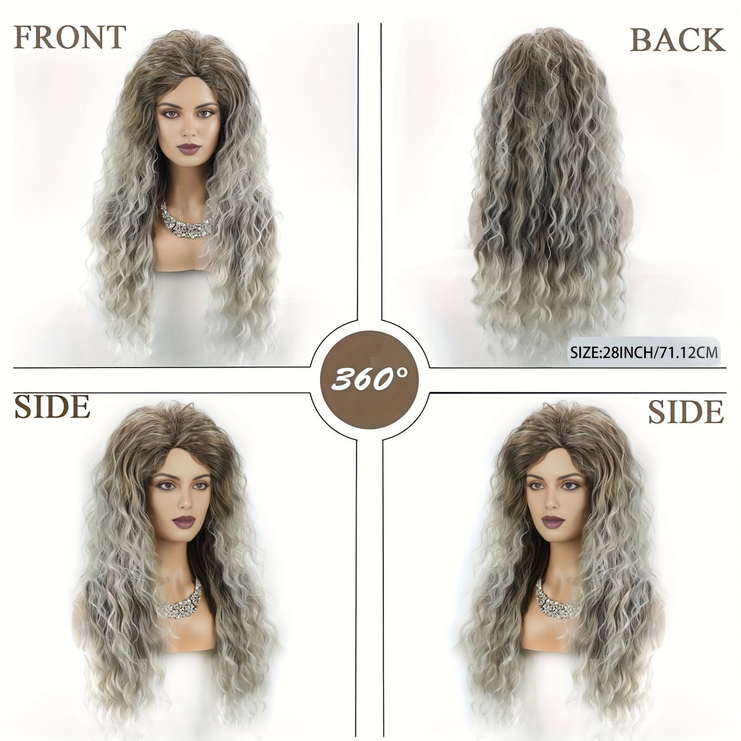 Synthetic Wig 30-Inch Long Curly Waves with Dark Roots, Middle Part and Three Ombre Colors
