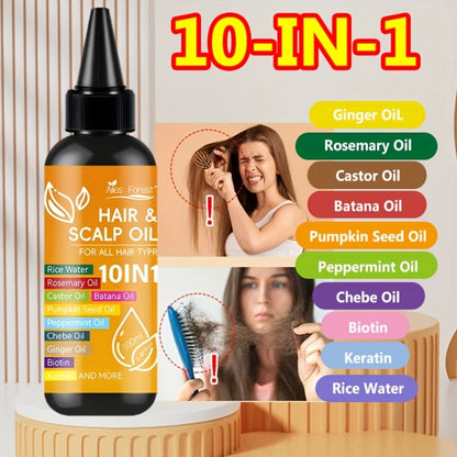 Hair Oil 10-in-1 100ml Pointed-Applicator Bottle with Ginger, Rosemary, Castor, Batana, Rice Water and Biotin