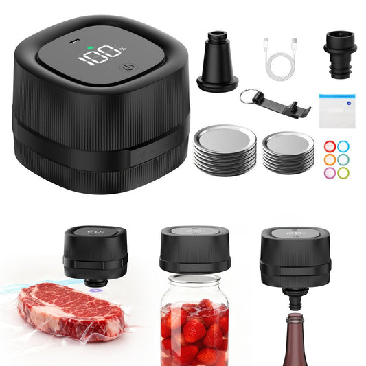 Electric Jar Vacuum Sealer 3-in-1 Food Storage Vacuum Sealer Machine with 14 Sealing Lids Wine Plug Vacuum Bag Bottle Opener – One-Button Operation Leak-Proof Seal for Regular & Wide Mouth Mason Jars