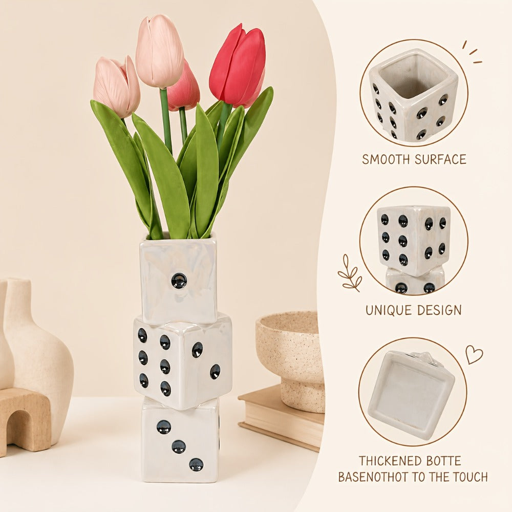Ceramic Dice-Shaped Decorative Vase in White with Stacked Cube Form and Pips for Dried Flower Displays