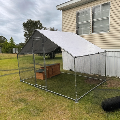 Walk-In Metal Poultry Enclosure in Six Size Options with Mesh Walls, Door and Partial Roof Cover