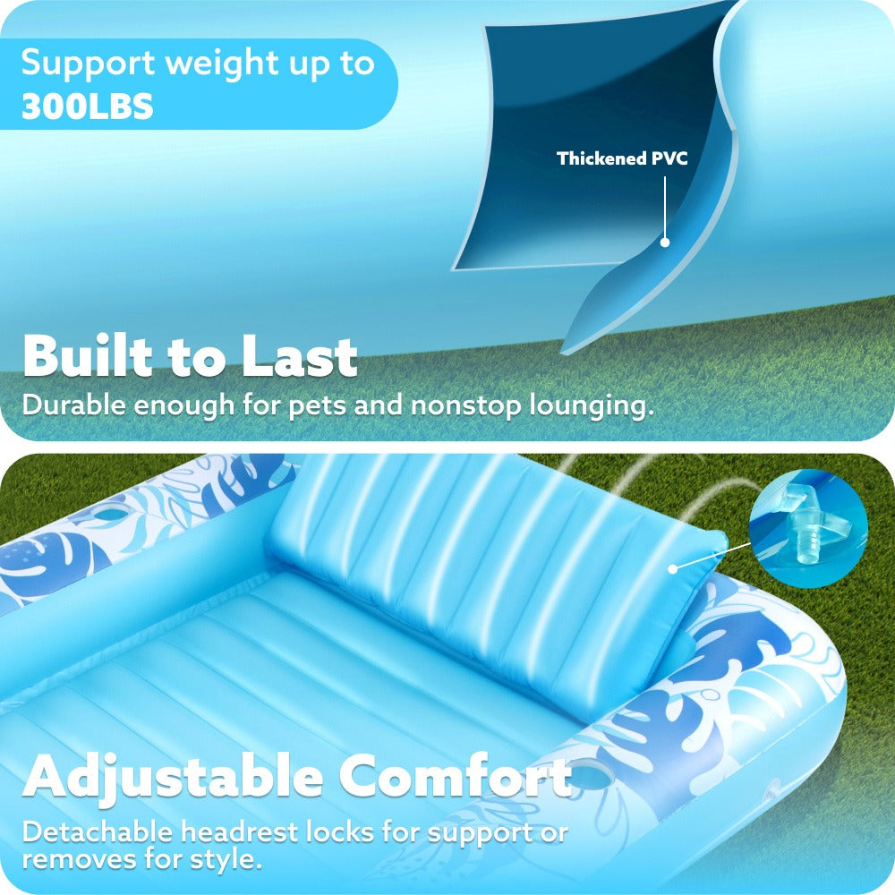 85 x 57-Inch Inflatable Pool Float Tanning Bed in Blue with Open Center, Ribbed Base and Raised Pillow