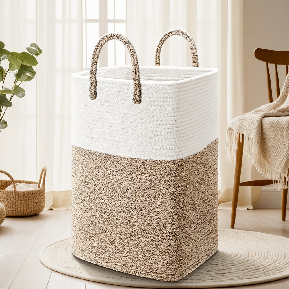 Woven Cotton Rope Laundry Basket with Twin Handles, 40L to 100L Sizes and Five Two-Tone Color Options